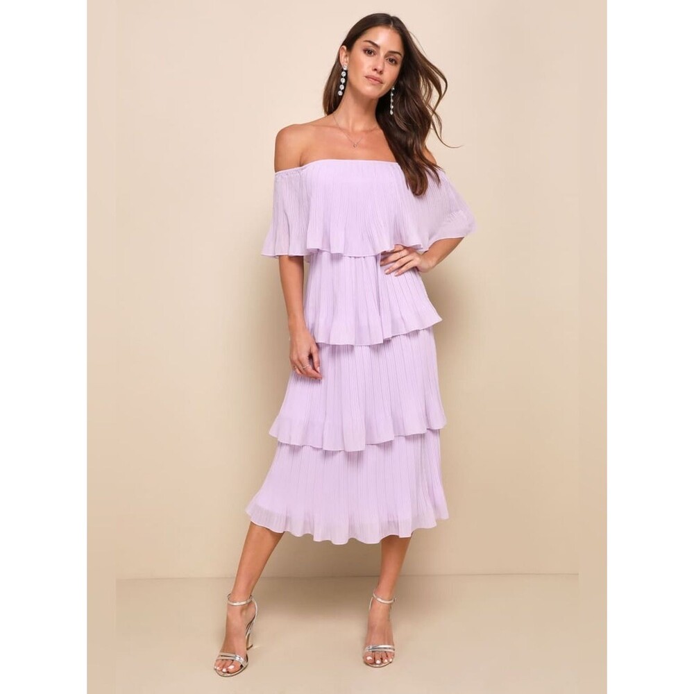 Lulus Gala Ready Lavender Off-the-Shoulder Ruffle Midi Dress Size Small Vacation